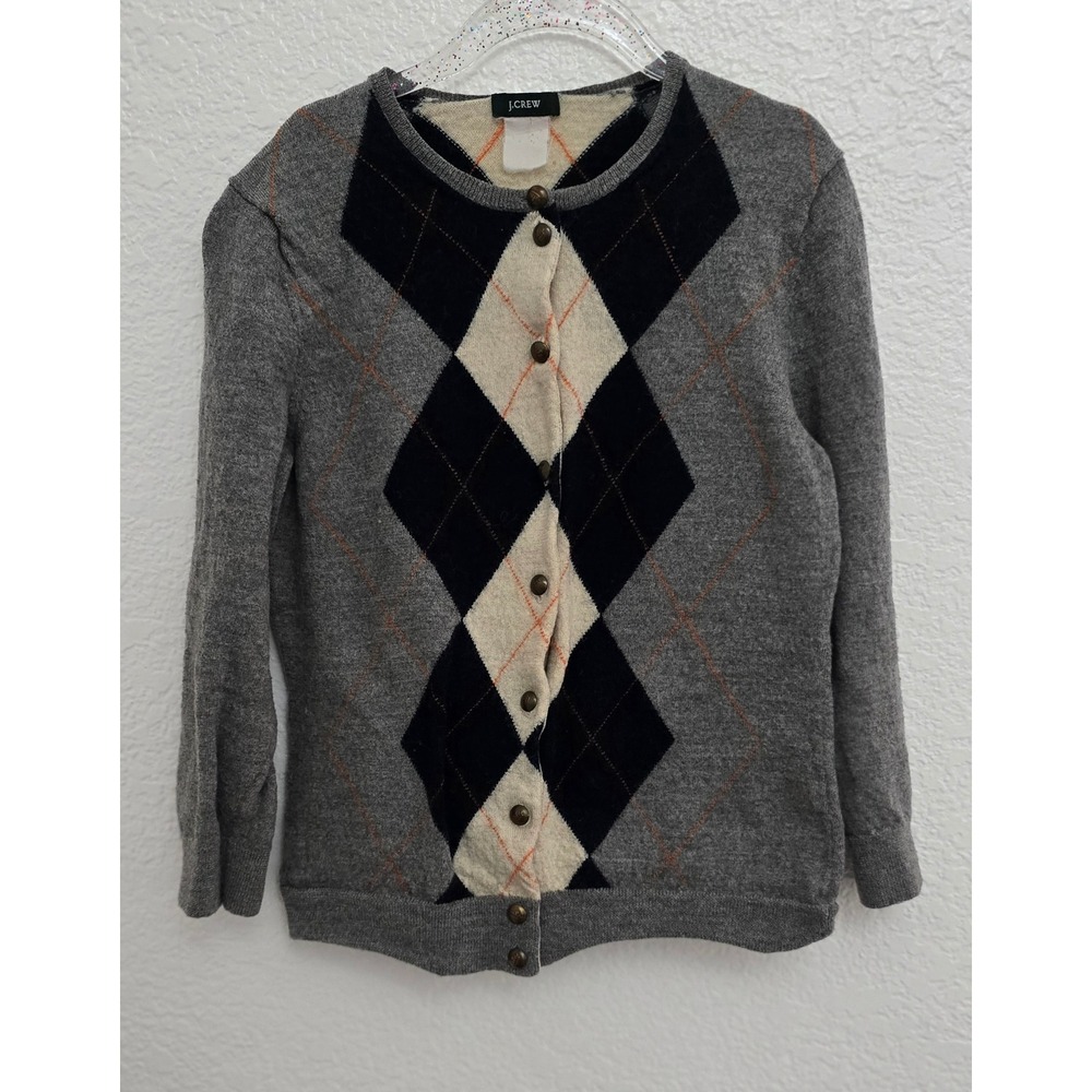 J.Crew Argyle Cardigan‎ Wool Sweater Gray Navy Cream Orange Size XXS